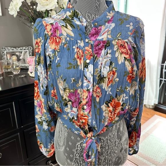RACHEL Rachel Roy Floral Blouse - Blue and Multicolor Tie Blouse Size L - Picture 2 of 15